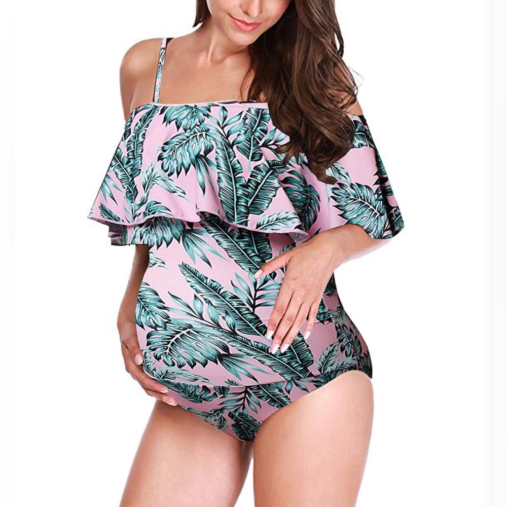 ☀️NWOT Off shoulder Maternity pink floral one piece Swimsuit M